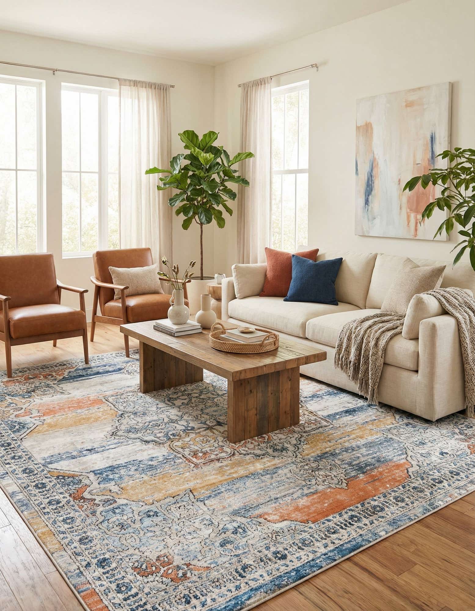 A large square multi-colored rug featuring a central medallion and traditional border on a distressed background.