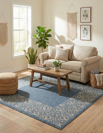 Blue Easy-Clean Border Indoor / Outdoor Square Rug