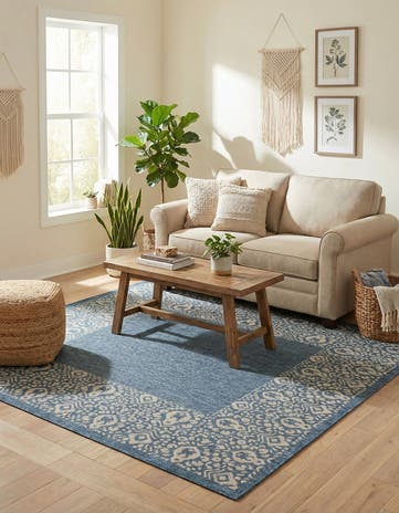Blue Easy-Clean Border Indoor / Outdoor Square Rug