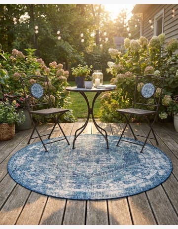 Blue Easy-Clean Traditional Indoor / Outdoor Round Rug