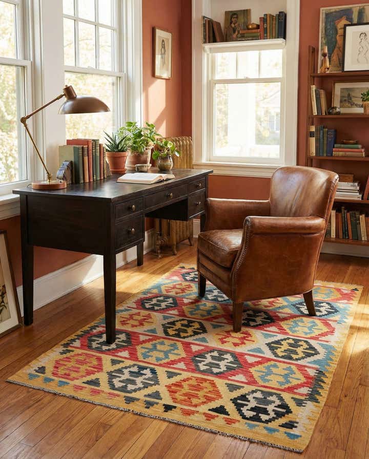 4' 3 x 5' 10 Hand Woven Kilim Maymana Wool Rug