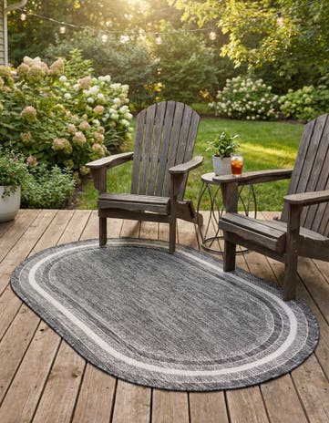 Black Easy-Clean Border Indoor / Outdoor Oval Rug