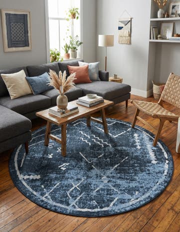 Navy Blue Kamala Washable Round Rug
