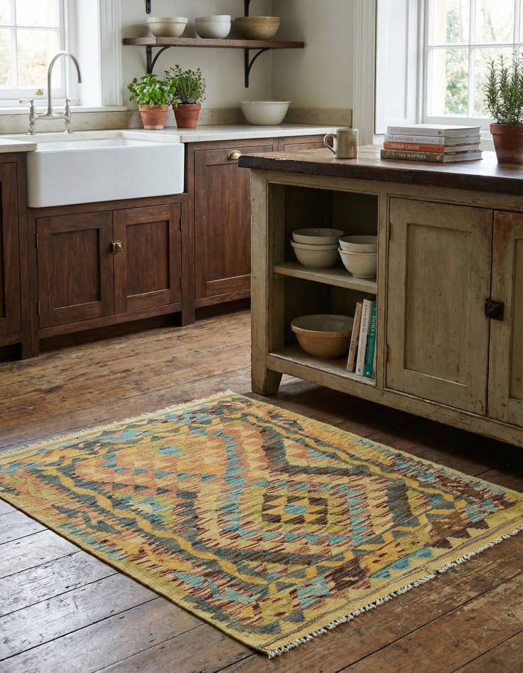 Detail image of 3' 2 x 3' 6  Hand Woven Kilim Maymana Wool Square Rug