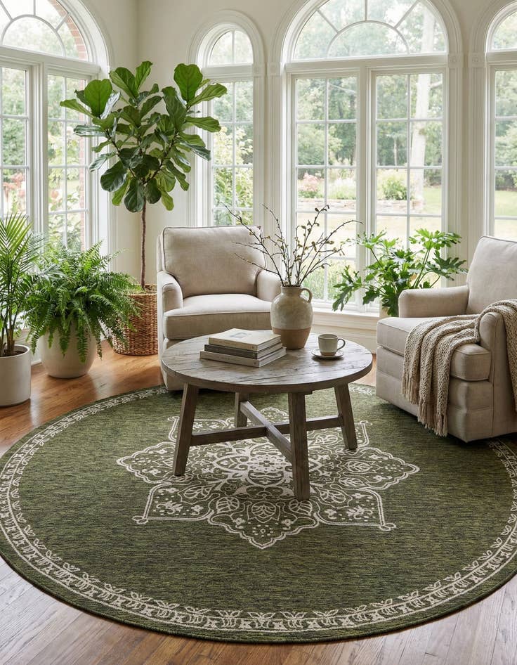 Detail image of  10' x 10'  Washable Traditional Indoor / Outdoor Round Rug