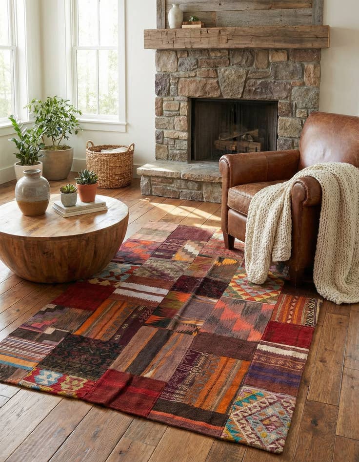 Detail image of  3' 11 x 6' 1  Hand Woven Kilim Patchwork Wool Rug