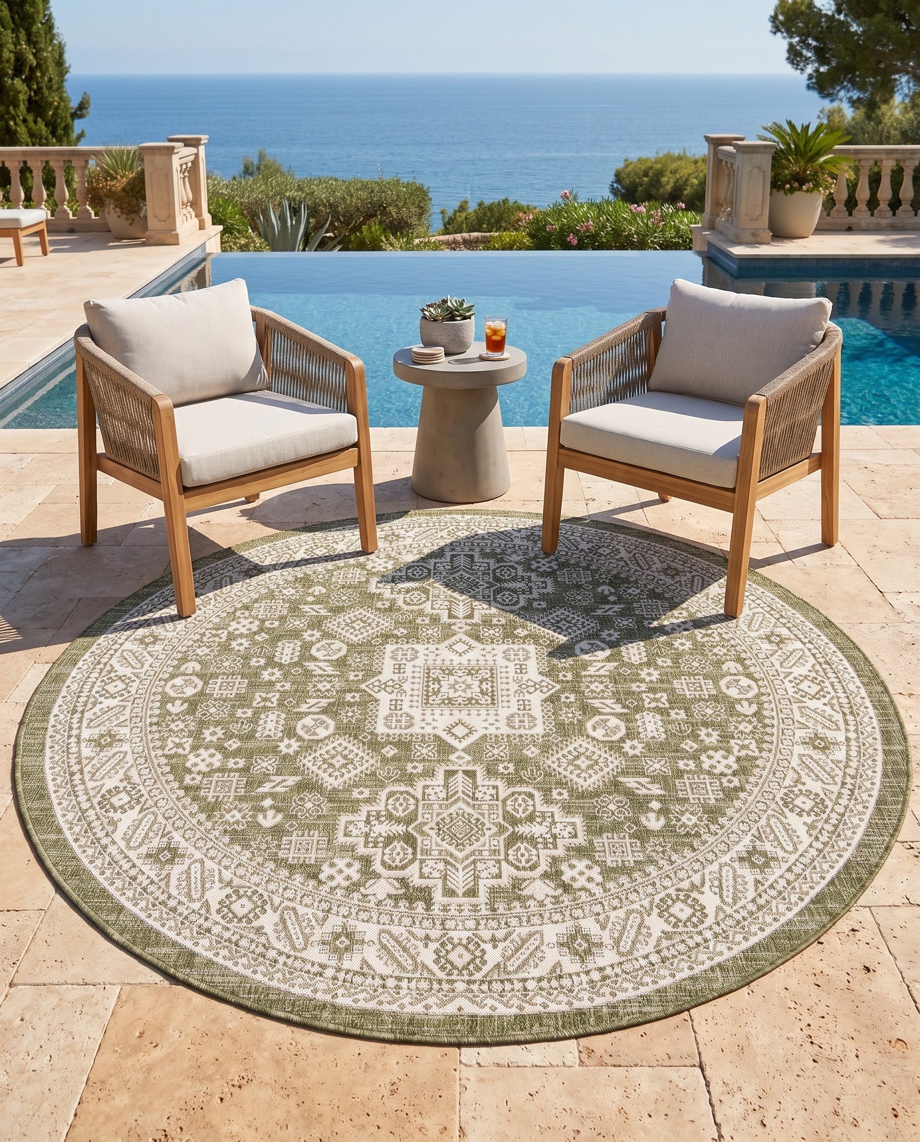 7' 10 x 7' 10 Easy-Clean Aztec Indoor / Outdoor Round Rug