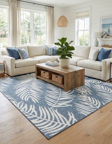 Blue Easy-Clean Botanical Indoor / Outdoor Square Rug