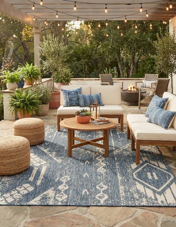 Blue Easy-Clean Bohemian Indoor / Outdoor Rug