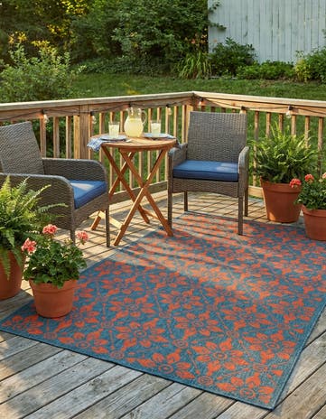 Blue and Red Easy-Clean Lattice Indoor / Outdoor Rug