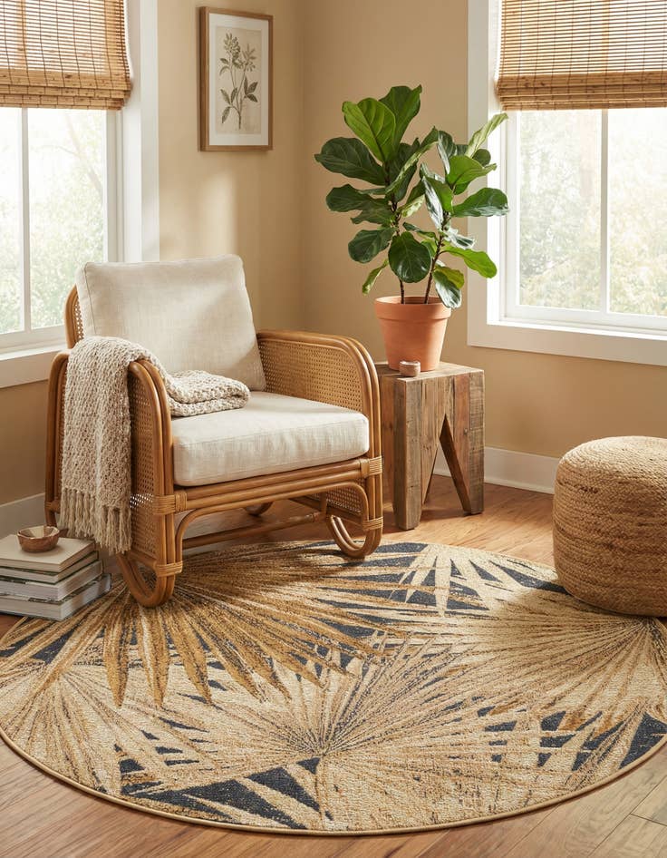 Detail image of  4' x 4'  Washable Botanical Indoor / Outdoor Round Rug