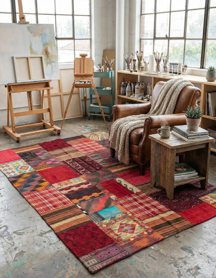 Detail image of 5' 8 x 8'  Hand Woven Kilim Patchwork Wool Rug