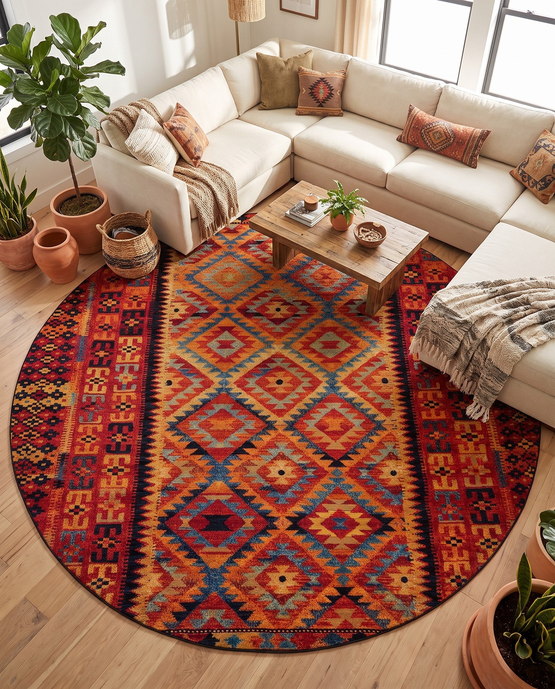 12' x 12' Easy-Clean Tribal Indoor / Outdoor Round Rug