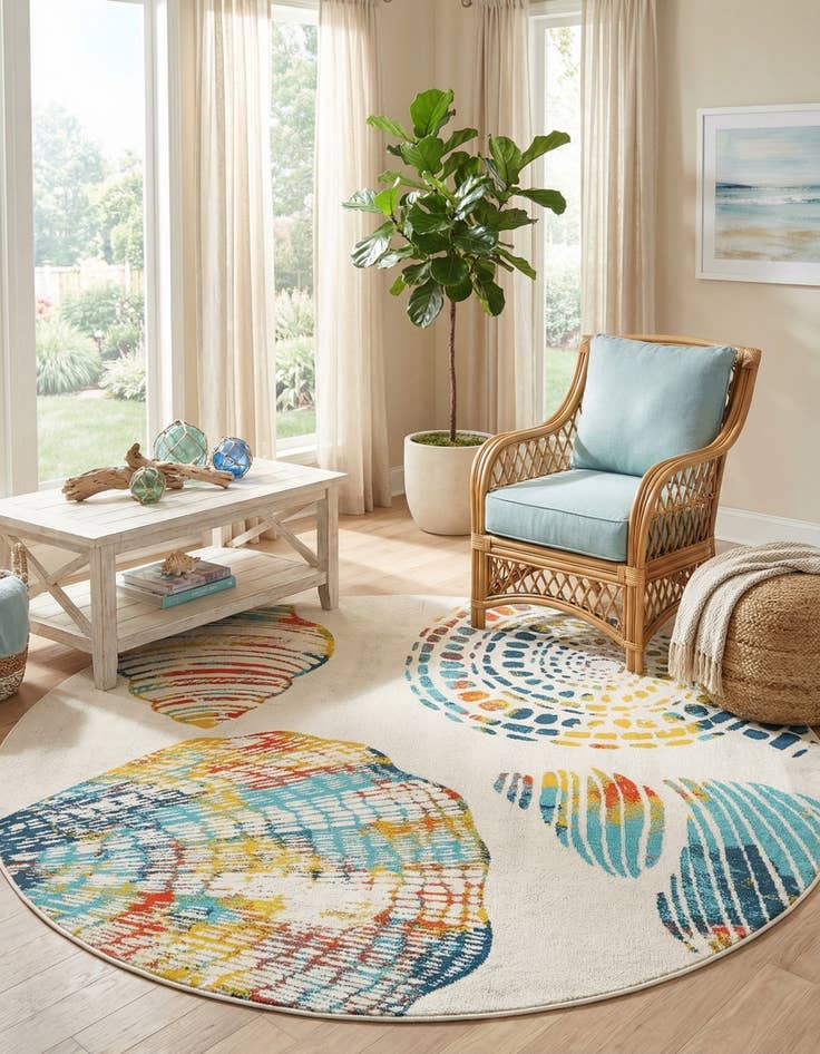 Detail image of 7' x 7'  Washable Coastal Indoor / Outdoor Round Rug