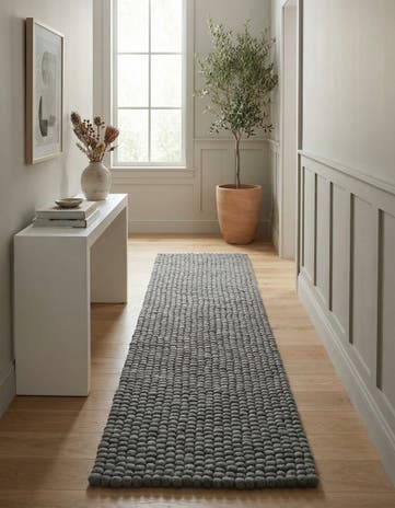 Gray Hand Woven Felt Ball Wool Runner Rug