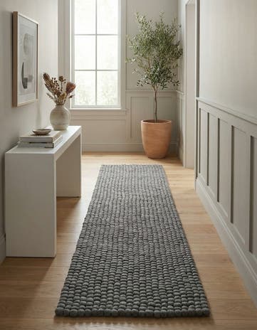 Gray Hand Woven Felt Ball Wool Runner Rug