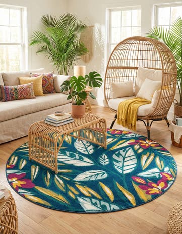 Navy Blue Bloom Round Rug