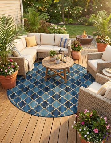 Blue Easy-Clean Trellis Indoor / Outdoor Round Rug