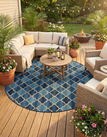 Blue Easy-Clean Trellis Indoor / Outdoor Round Rug