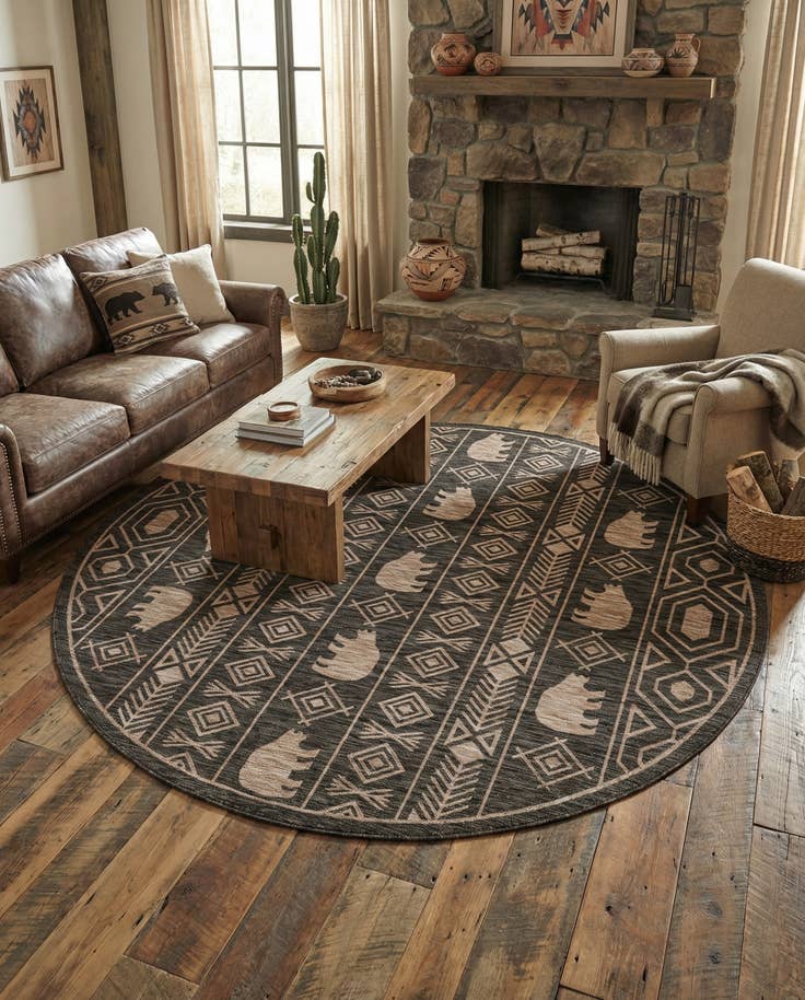 Detail image of 7' 10 x 7' 10 Easy-Clean Southwestern Indoor / Outdoor Round Rug