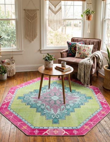 Green Washable Timeless Octagon Rug