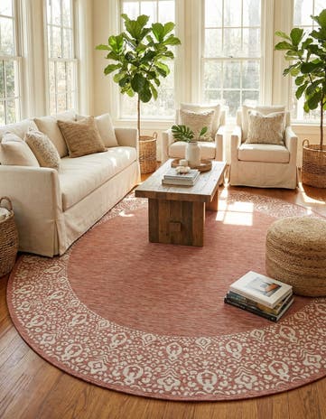 Rust Red Easy-Clean Border Indoor / Outdoor Round Rug