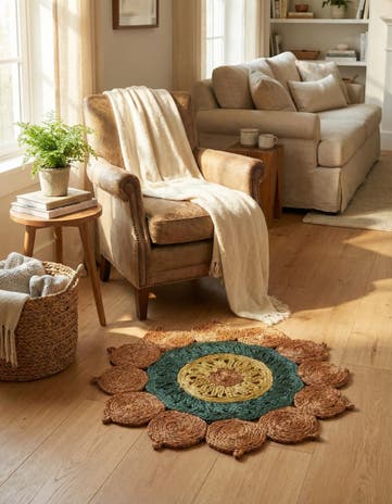 Orange Green Yellow Handmade Braided Jute Round Rug