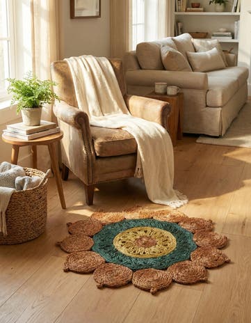 Orange Green Yellow Handmade Braided Jute Round Rug