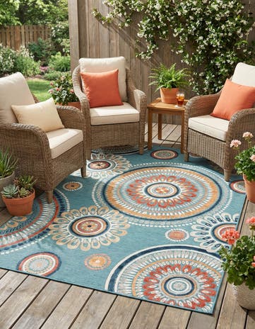 Light Blue Easy-Clean Botanical Indoor / Outdoor Rug