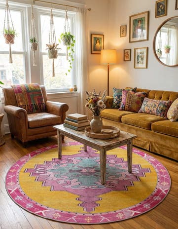 Yellow Washable Timeless Round Rug
