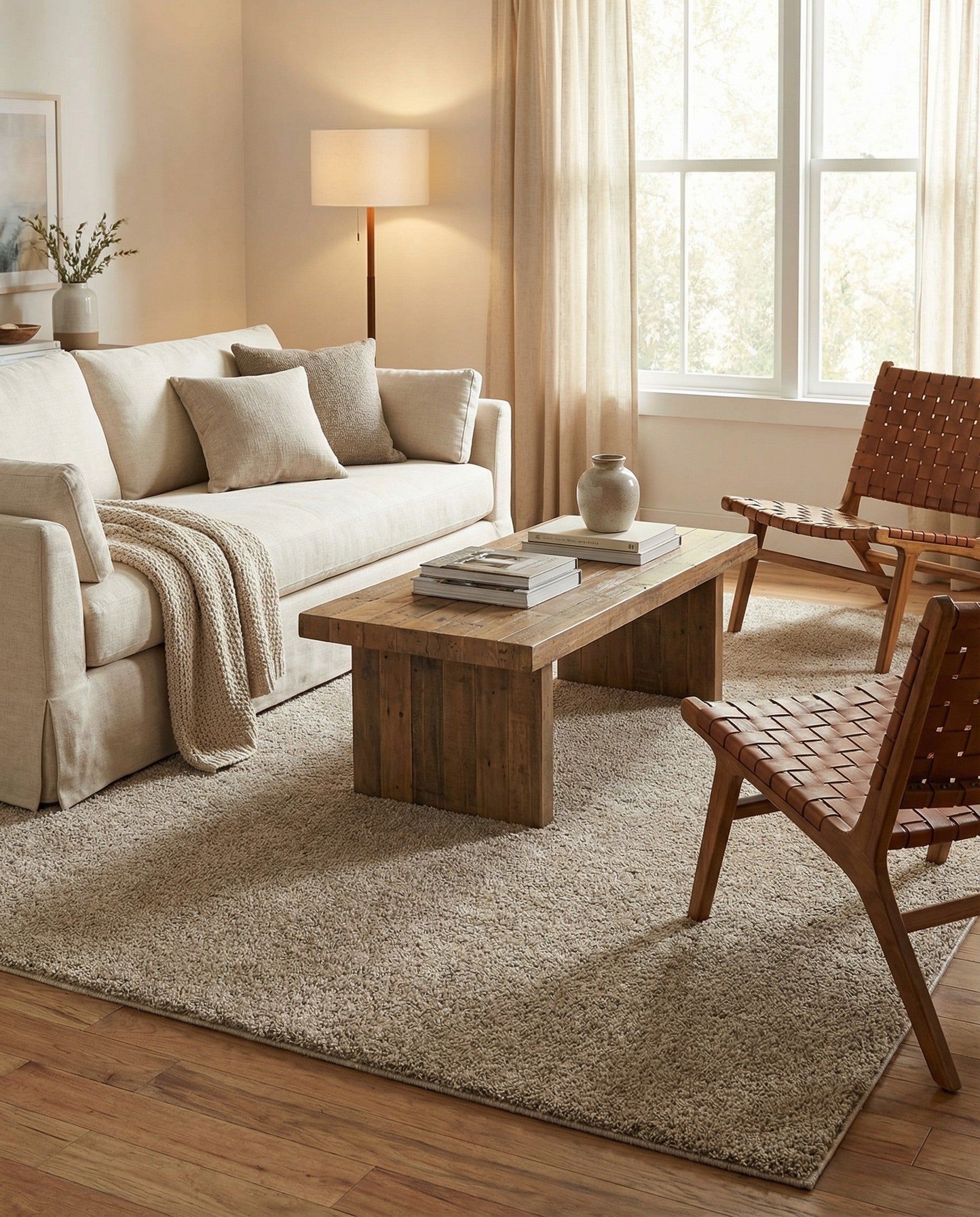 A soft, rectangular 8x10 brown shag rug, ideal for adding warmth and comfort to a living room or bedroom.