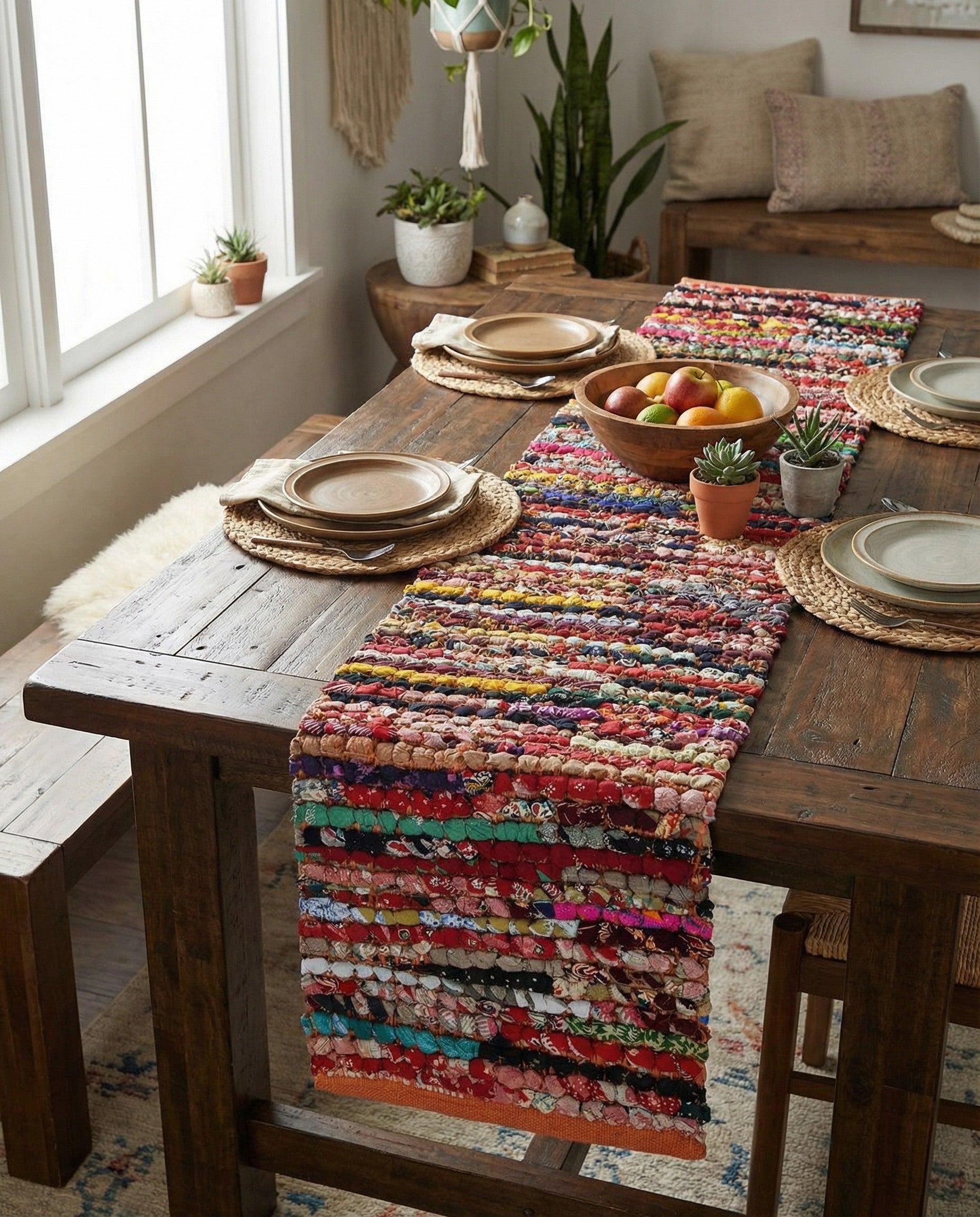  1' 2 x 6' 1  Hand Braided Chindi Table Runner Rug