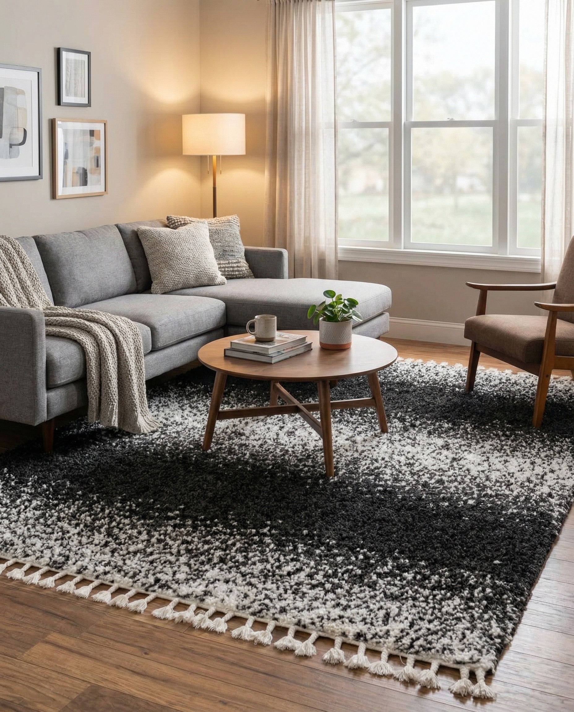 A square black and white modern shag rug with an abstract striped pattern and fringe on a white background.