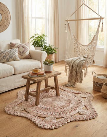 Pink and White Handmade Braided Jute Round Rug