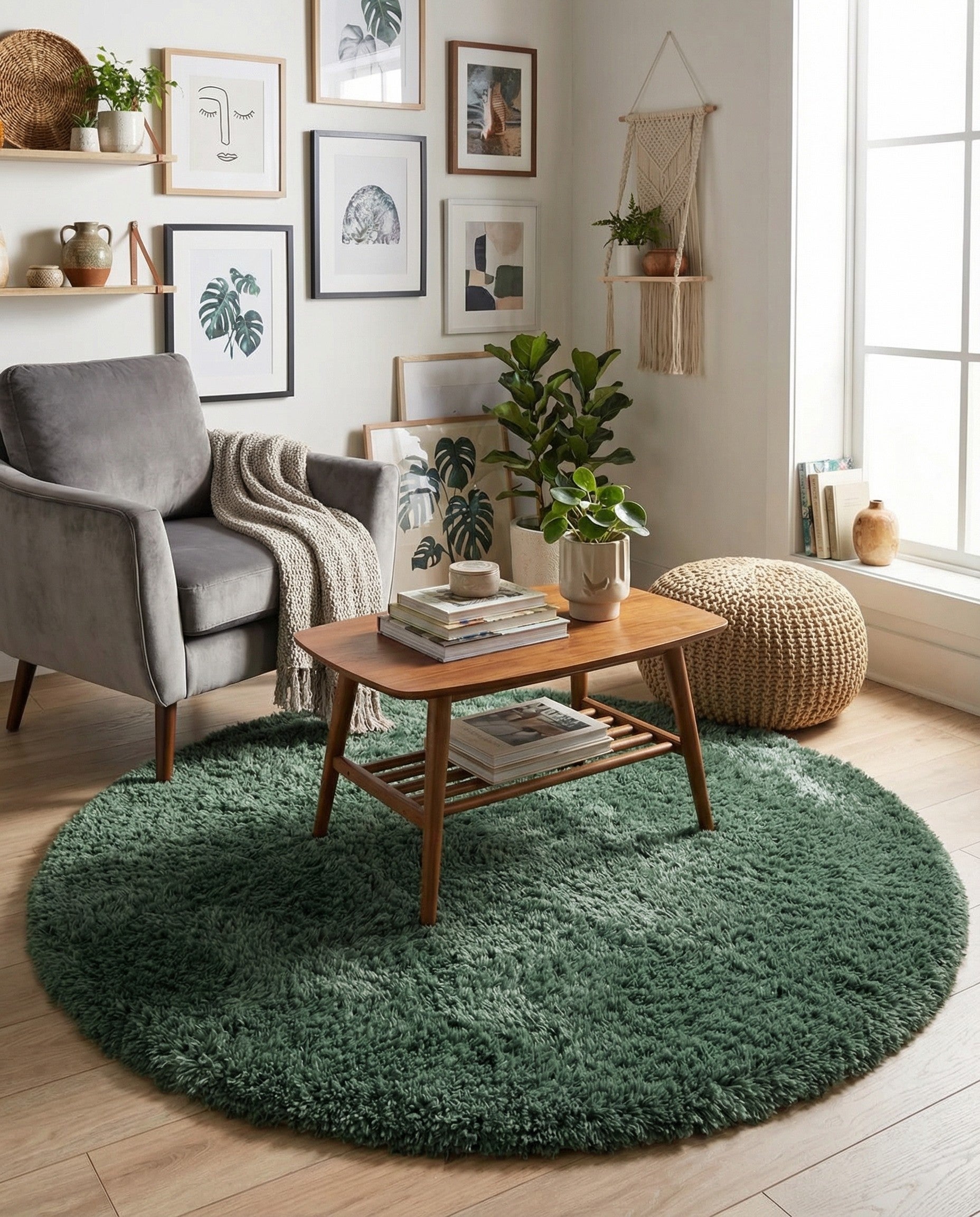 A plush, round 3' 3 x 3' 3 green shag rug with a textured pile, ideal for adding comfort to any indoor space.