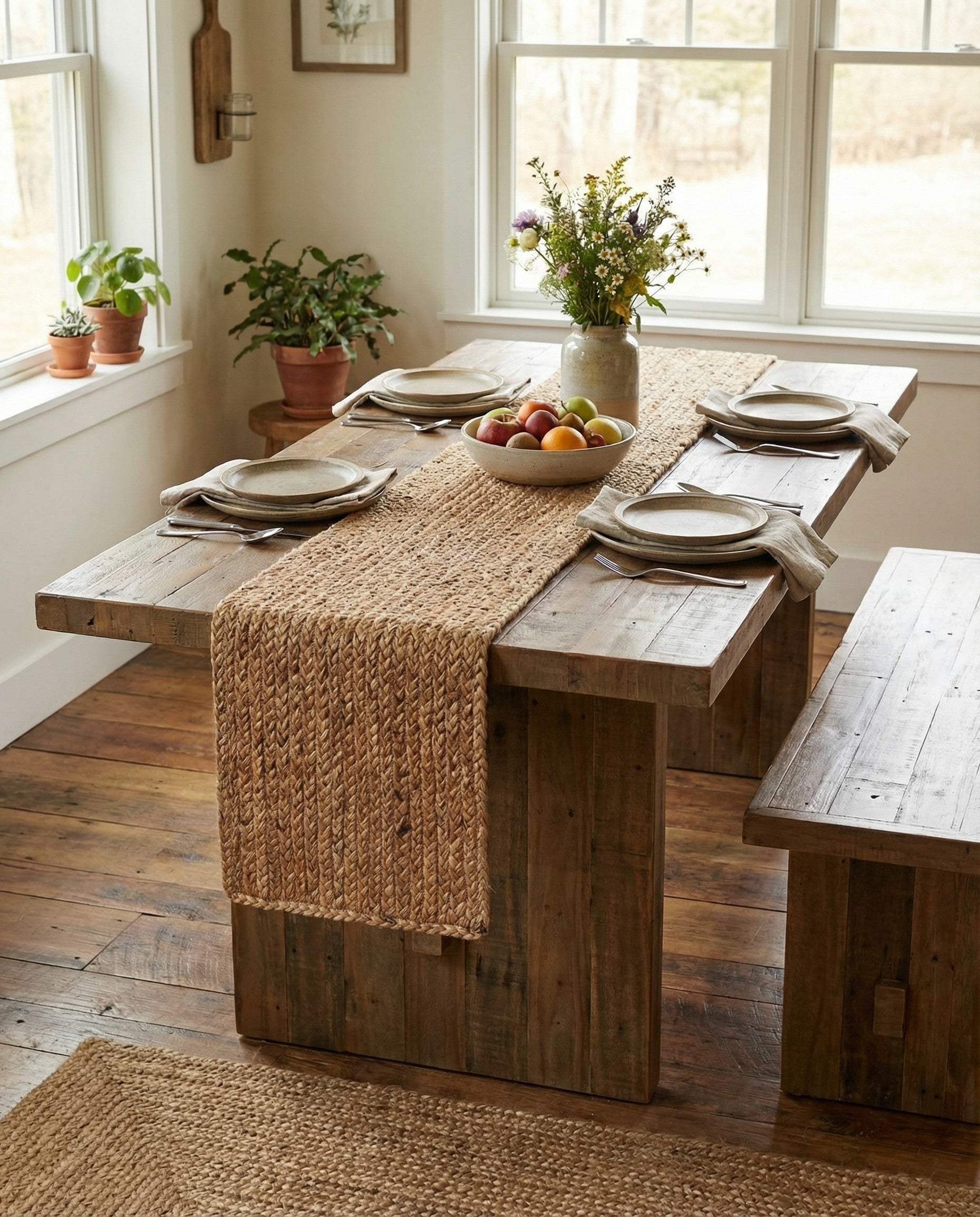 A close-up view of a 1' 2 x 4' 1 Braided Jute table runner rug, showcasing its natural brown and tan woven texture.