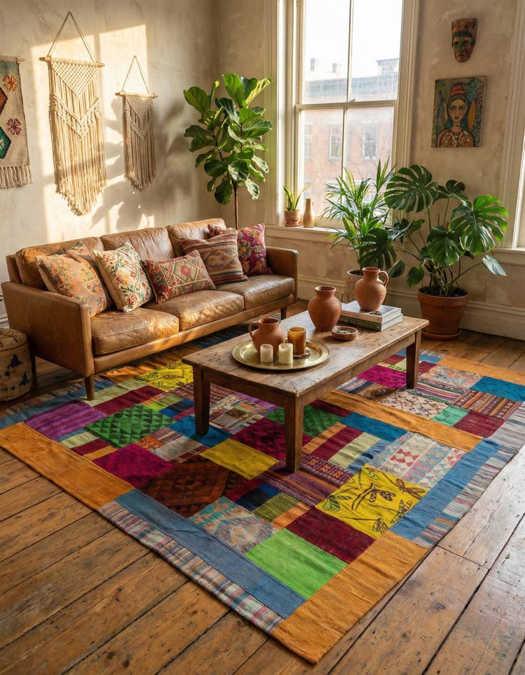 Detail image of  5' 6 x 8'  Hand Woven Kilim Patchwork Wool Rug