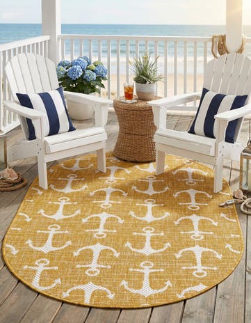 Yellow Easy-Clean Coastal Indoor / Outdoor Oval Rug