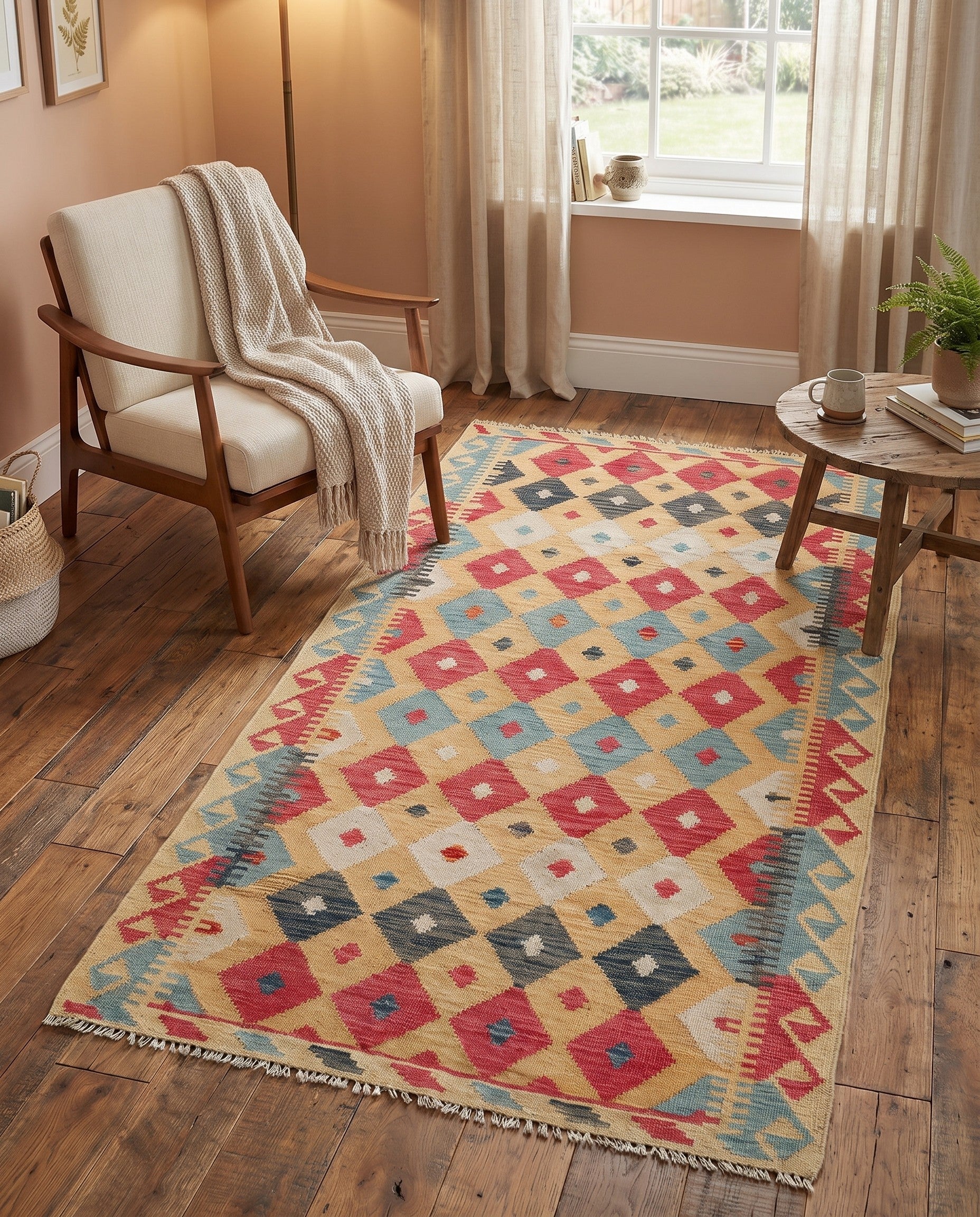 3' 6 x 6' 8 Hand Woven Kilim Maymana Wool Rug