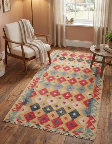 3' 6 x 6' 8 Hand Woven Kilim Maymana Wool Rug