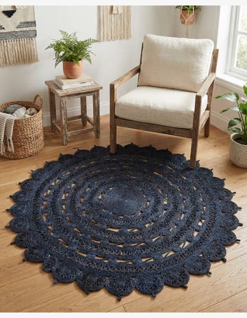Navy Blue Handmade Braided Jute Round Rug