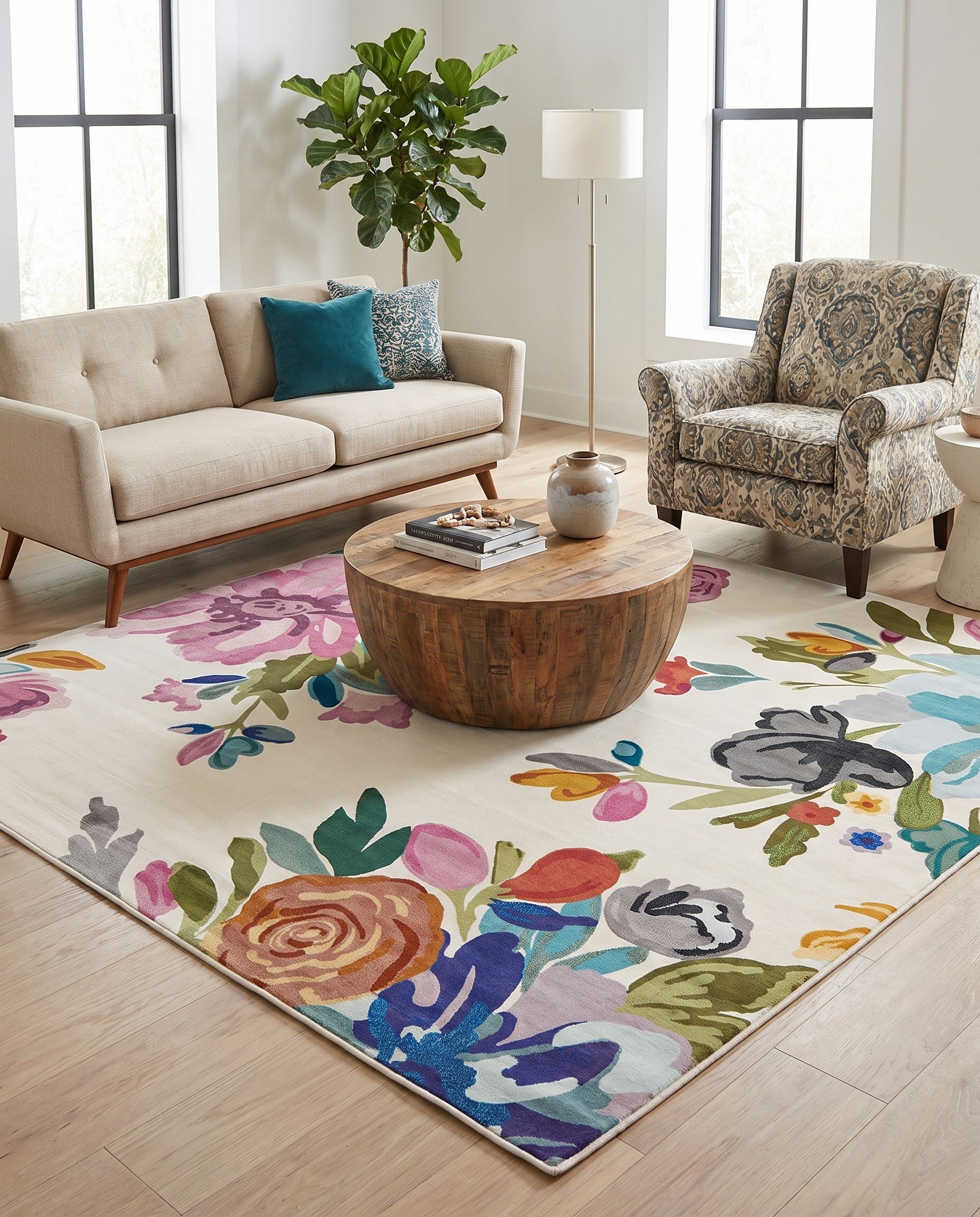 Ivory Blossom Square Rug
