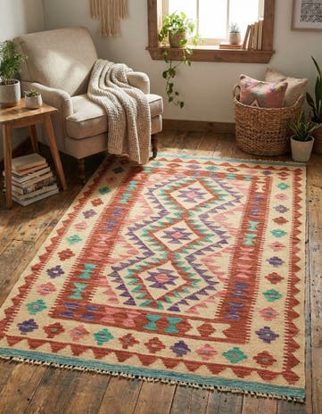 3' 4 x 4' 10 Hand Woven Kilim Maymana Wool Rug