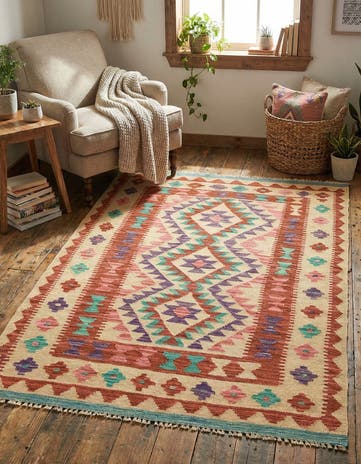 3' 4 x 4' 10 Hand Woven Kilim Maymana Wool Rug
