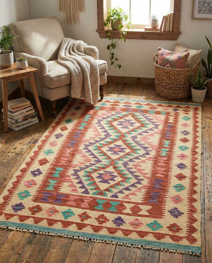 3' 4 x 4' 10 Hand Woven Kilim Maymana Wool Rug