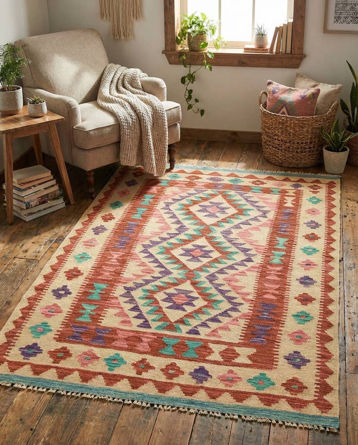 Detail image of 3' 4 x 4' 10 Hand Woven Kilim Maymana Wool Rug