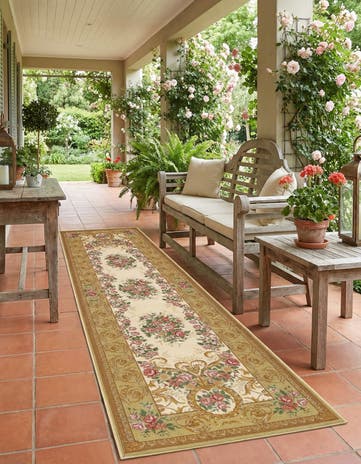 Ivory and Beige Easy-Clean Traditional Indoor / Outdoor Runner Rug