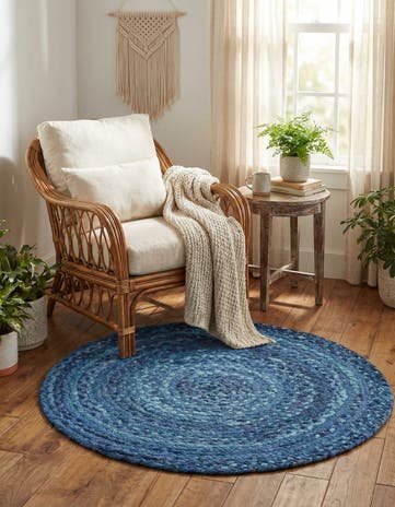 Blue Handmade Braided Chindi Round Rug