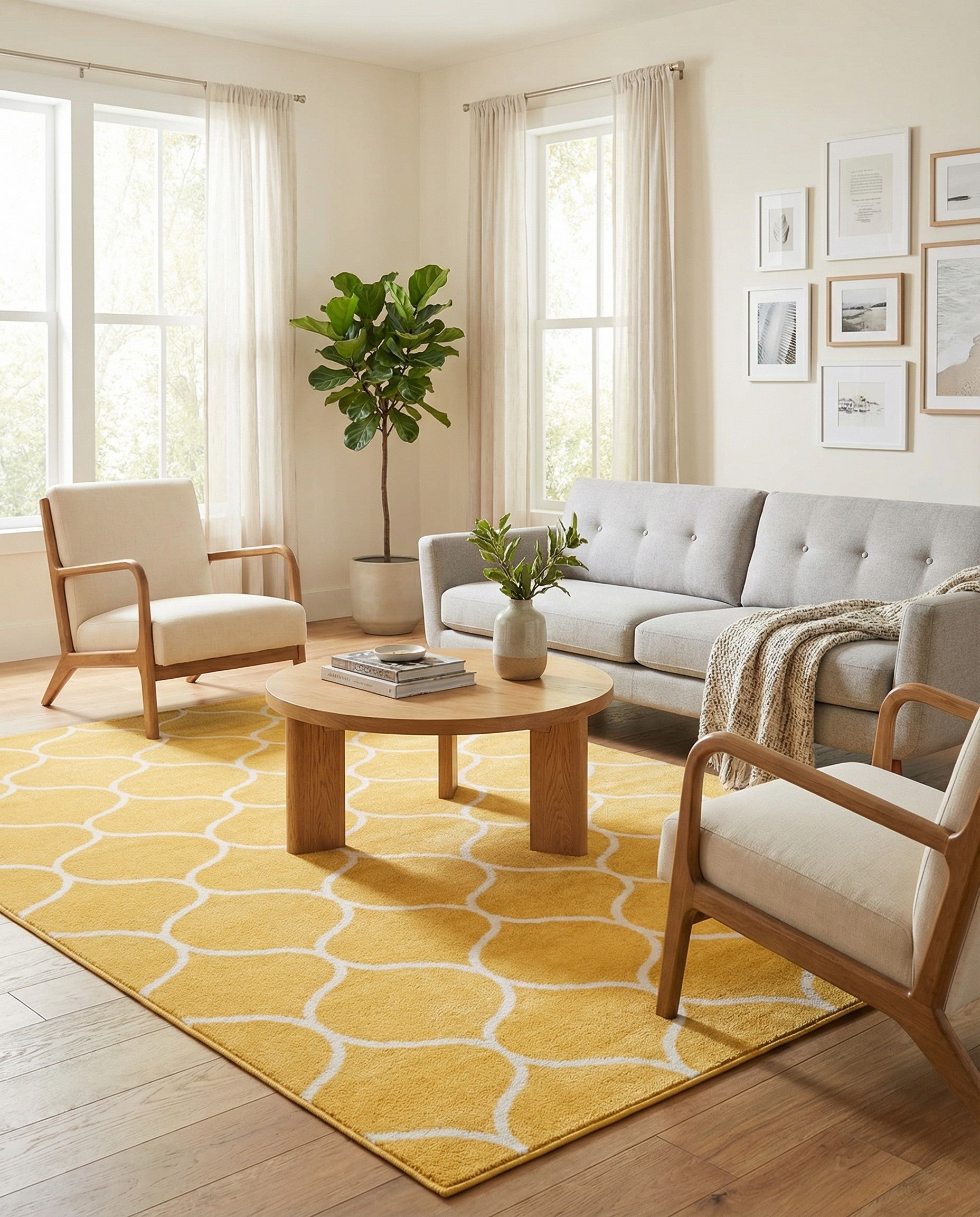 A 7x10 rectangular yellow area rug with a modern white trellis pattern, suitable for a living room.
