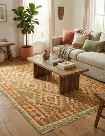 4' 3 x 5' 9 Hand Woven Kilim Waziri Wool Rug